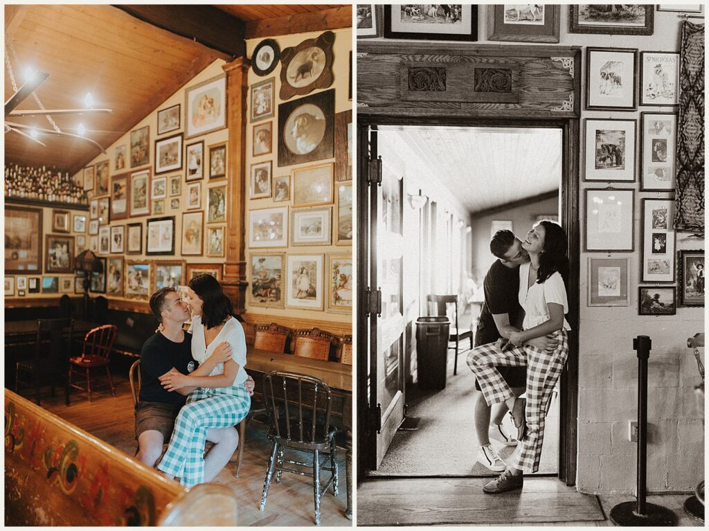 An engagement session with a couple cozied up inside the lodge of Mt. La Crosse.