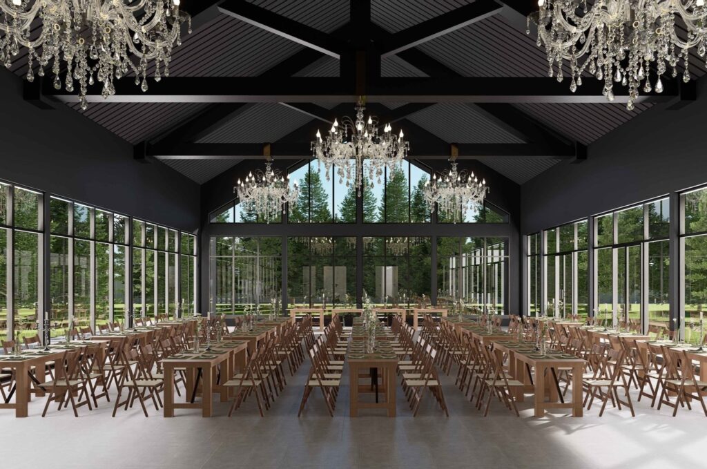 A computer generated image of the reception area of the Woods & Co wedding venue with black ceilings, wooden tables, and lots of windows.